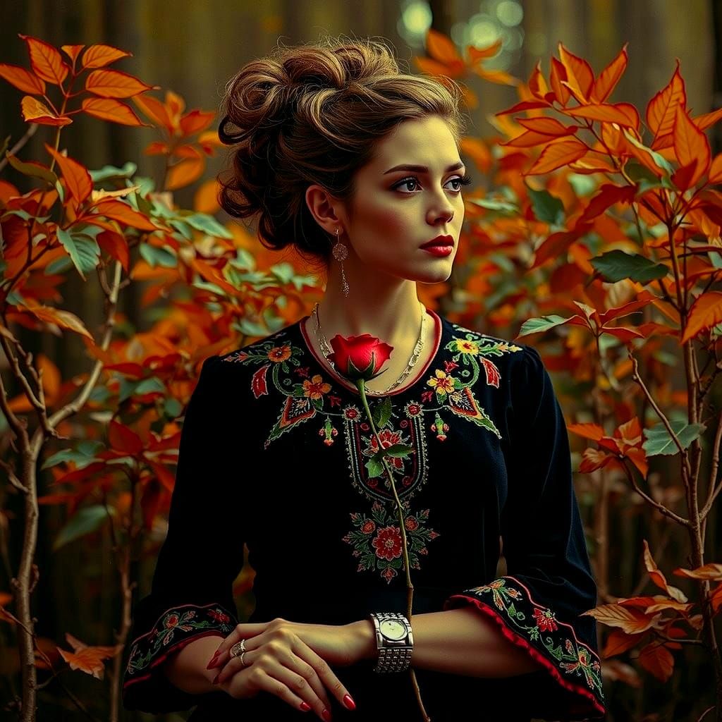 Rebellious Woman in Retro Dress Holds Rose in Misty Forest