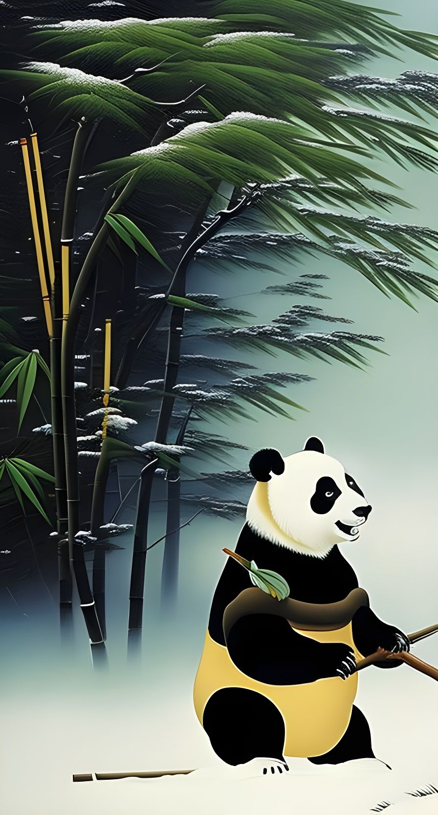 Panda's Snowy Bamboo Feast: A Landscape Artwork