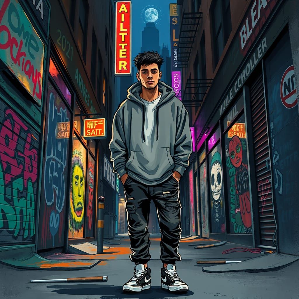 Urban Youth in Gritty Alley: Street Art Style