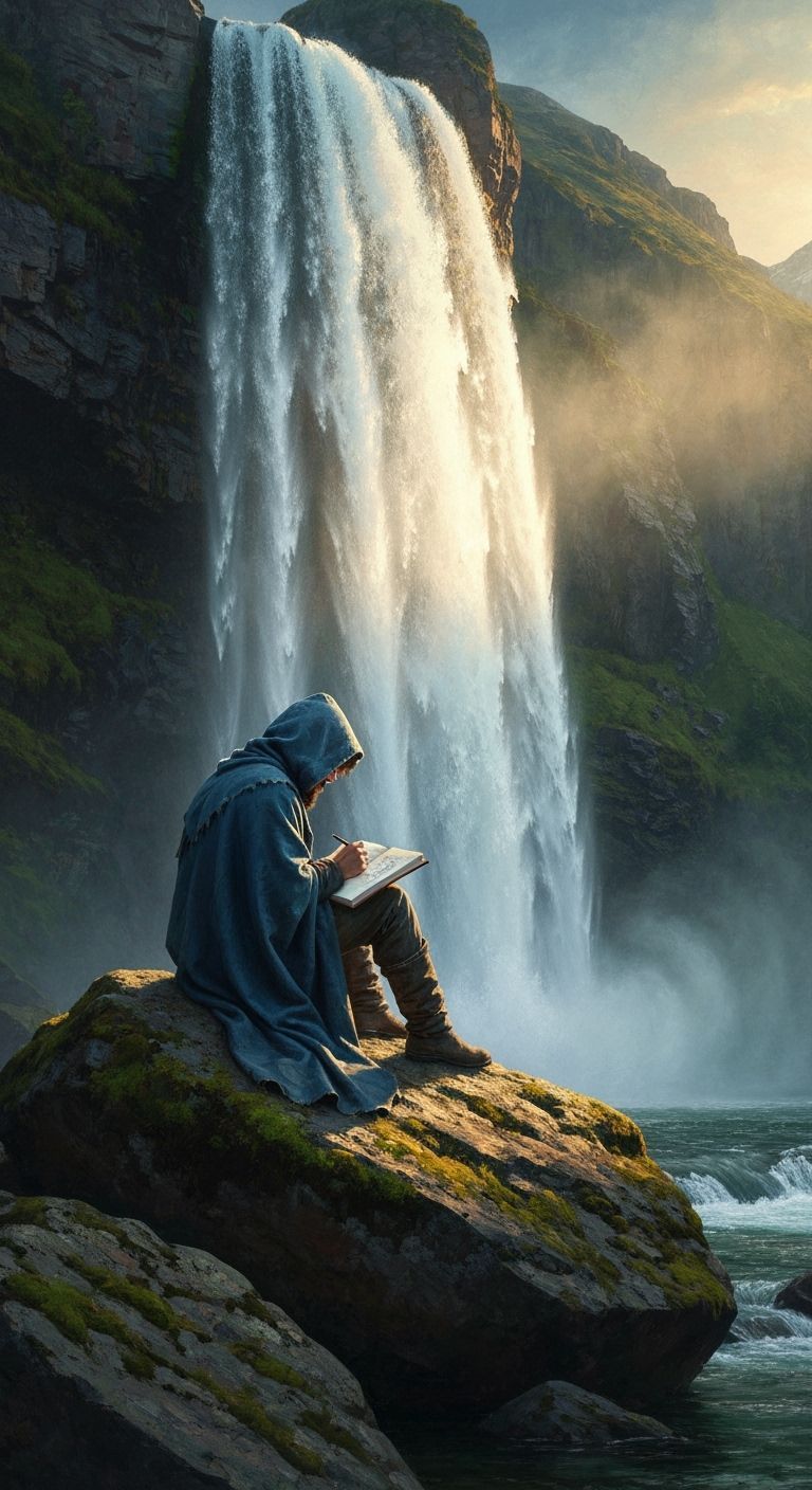 Traveler Sketches Majestic Waterfall in Golden Hour Oil Pain...