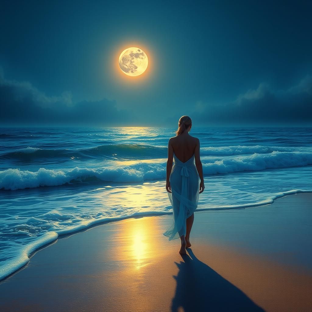 Woman on Beach with Moon in Digital Art