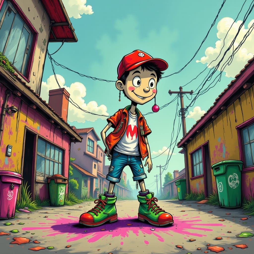 Punk Kid on Suburban Street in Cartoon Style