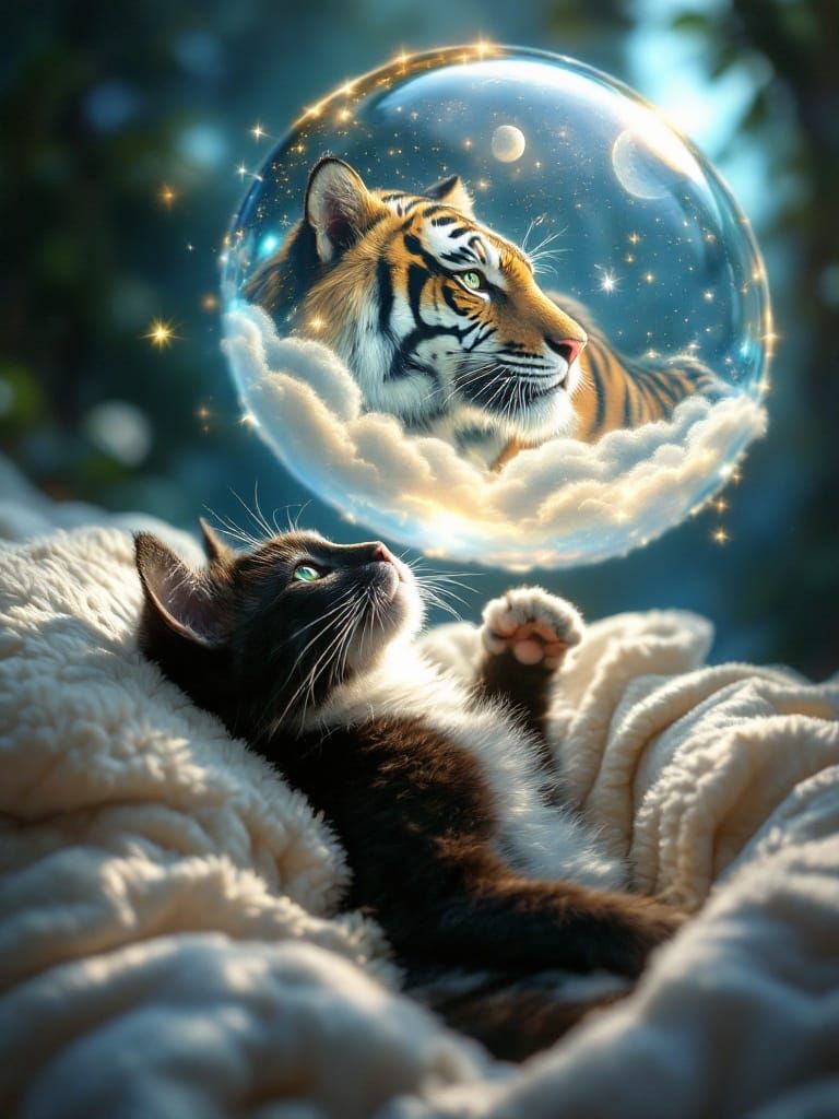 Serene Tuxedo Cat Transforms into Majestic Tiger in Whimsica...