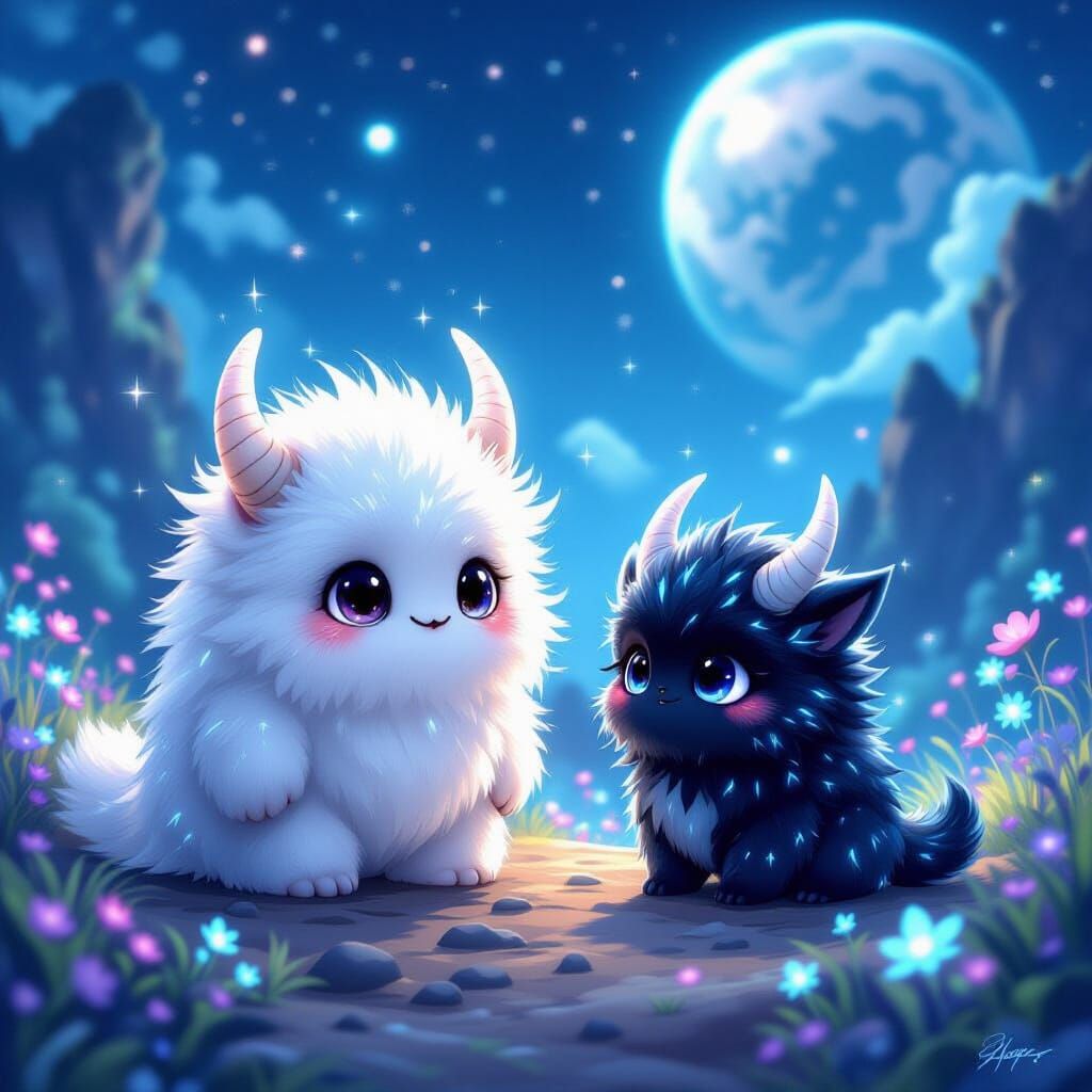 Малко пухкаво чудовище с бяла козина и искрящи рогца а до не...