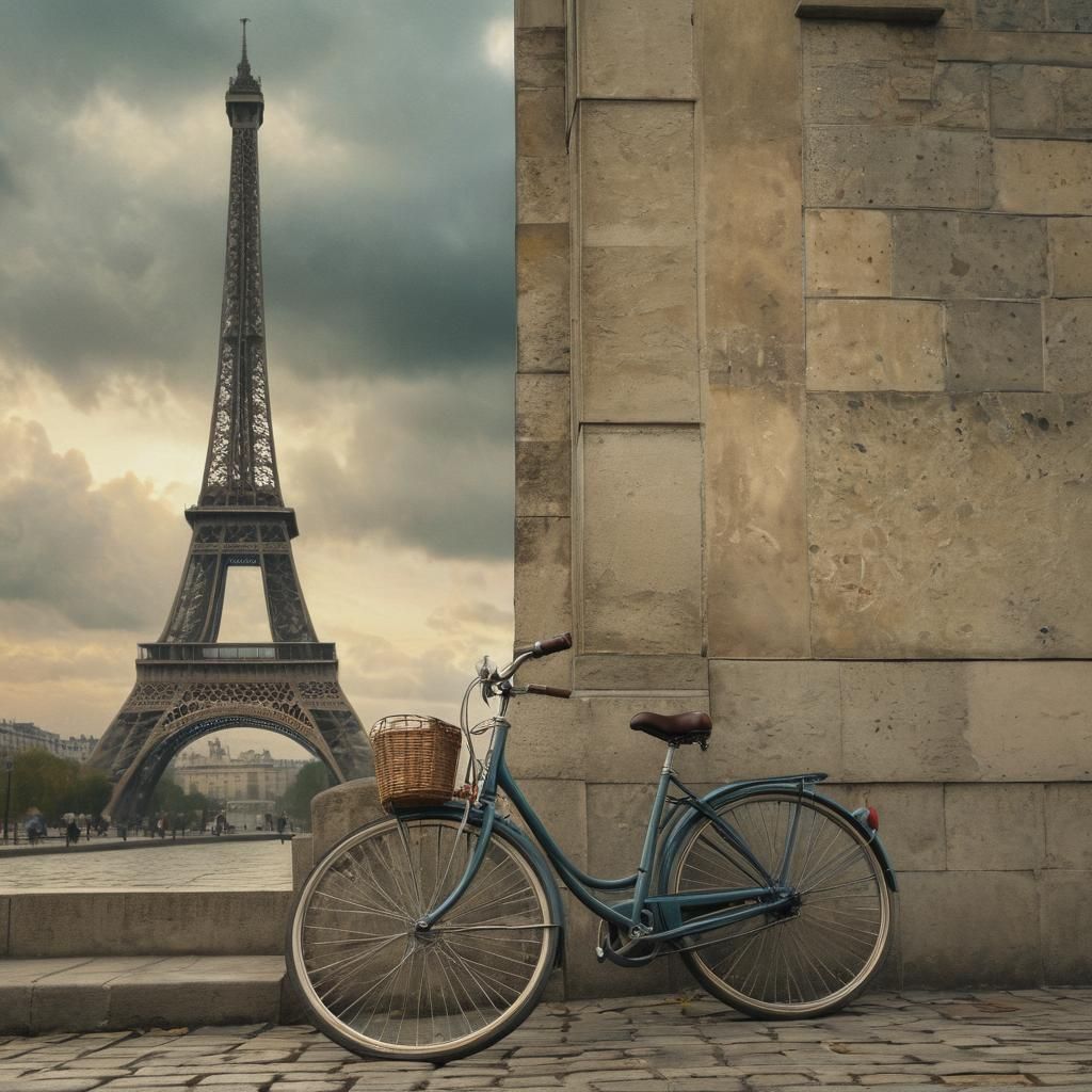 Eiffel Tower: Vintage Bicycle in Surreal Watercolor