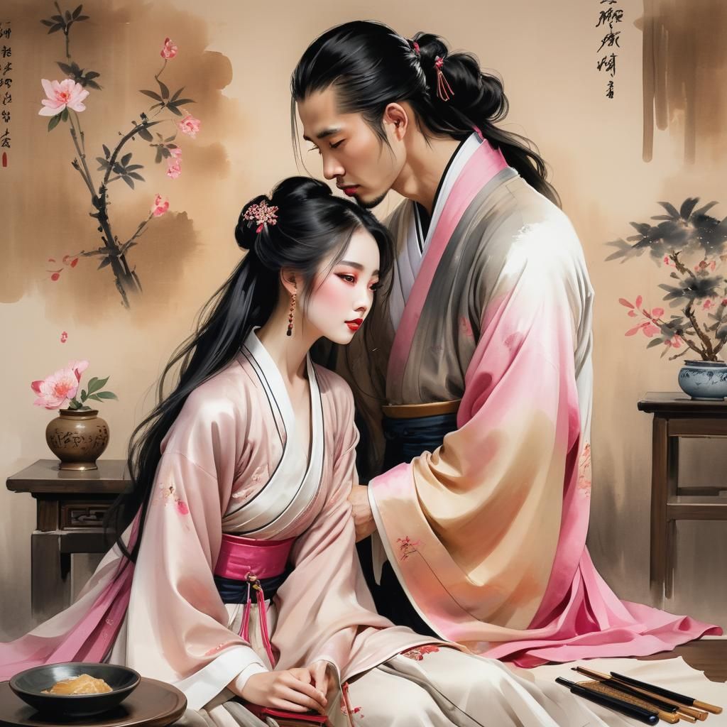 Ancient Chinese Siblings in Traditional Ink Painting