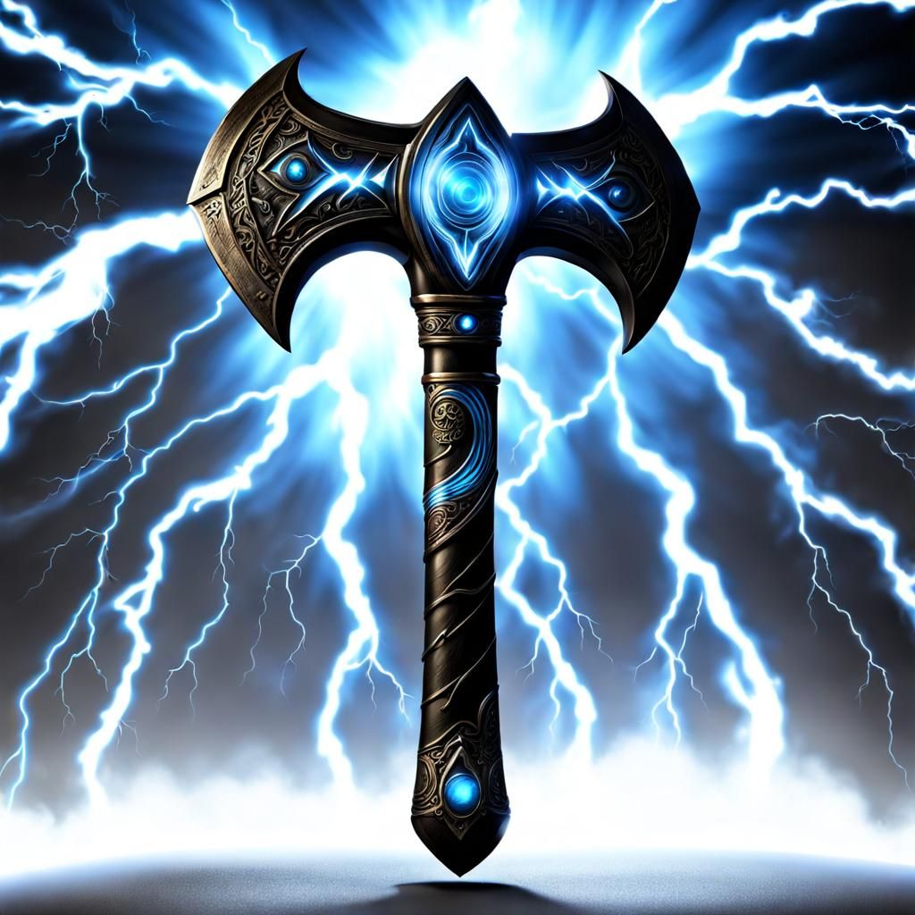 Glowing Runes on Powerful Axe in Stormy Sky