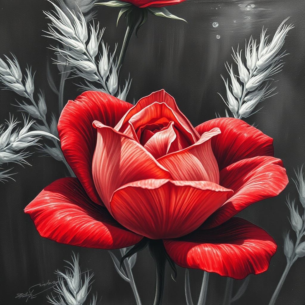 Charcoal Drawing of a Red Rose Underwater
