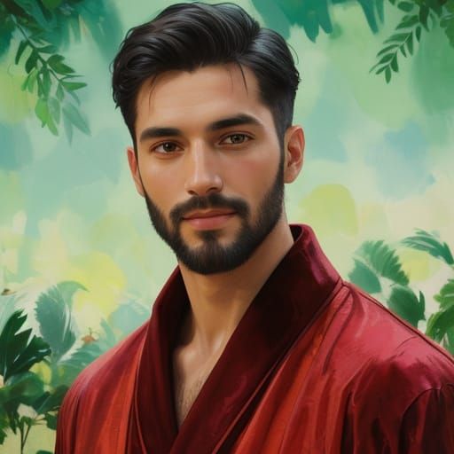 Joyful Man in Red Robe, Impasto Gouache Portrait