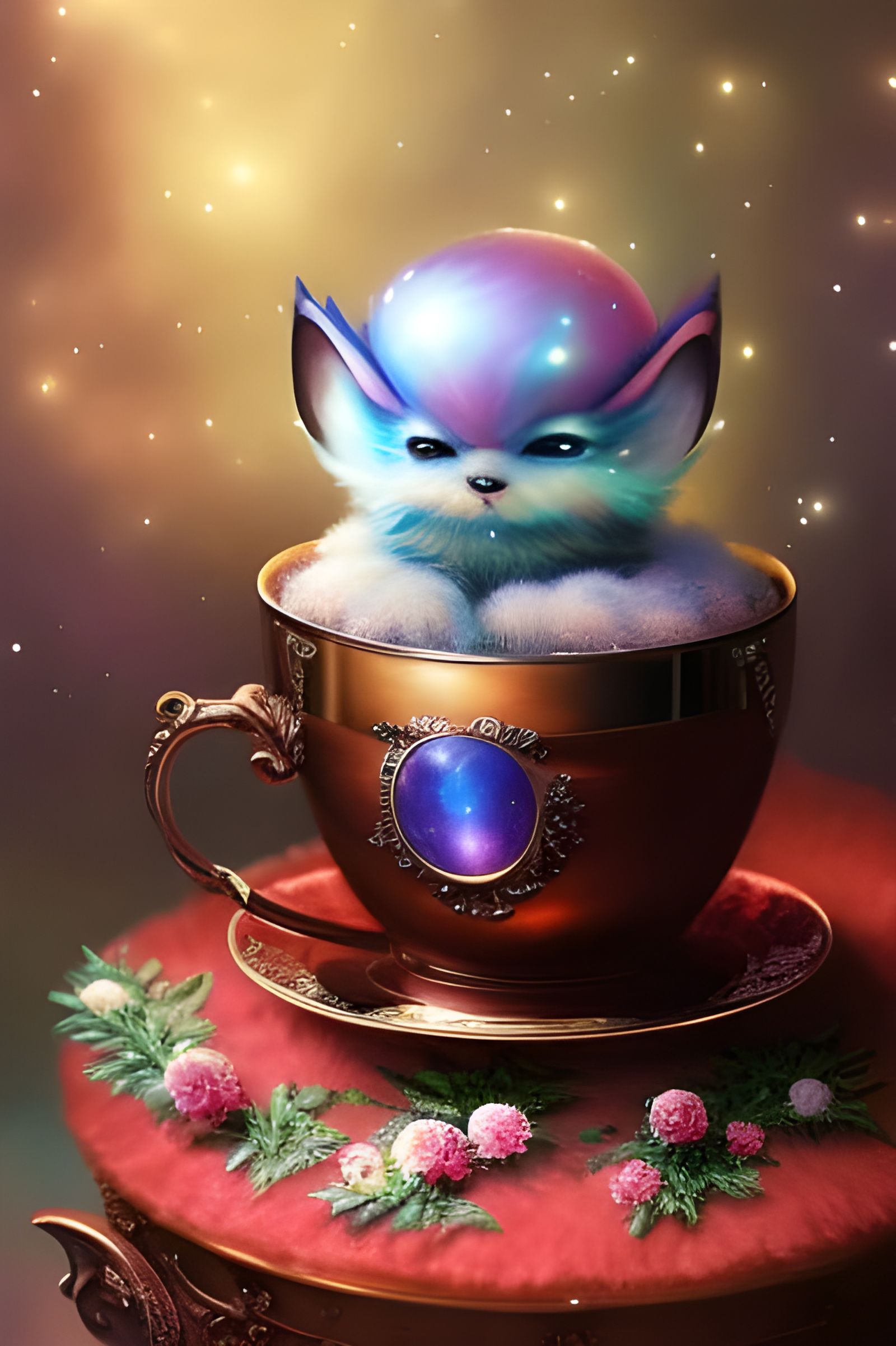 Fluffy Alien Baby in Teacup: Detailed Digital Painting
