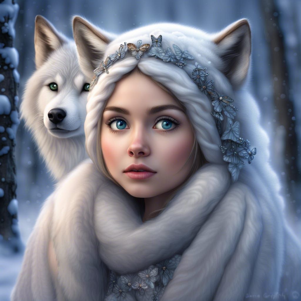 Winter Fairy with Wolves in Pixar Style