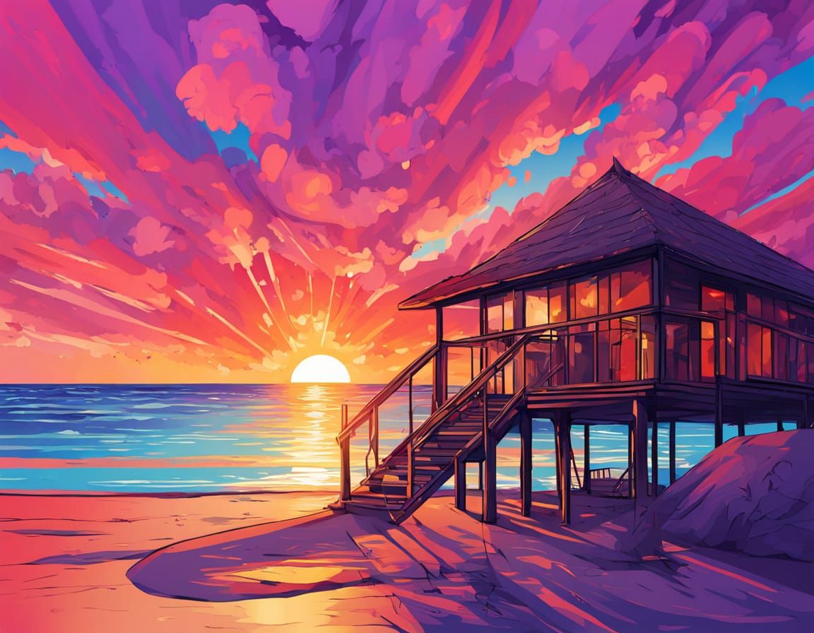 Vibrant Sunset on Romantic Beach