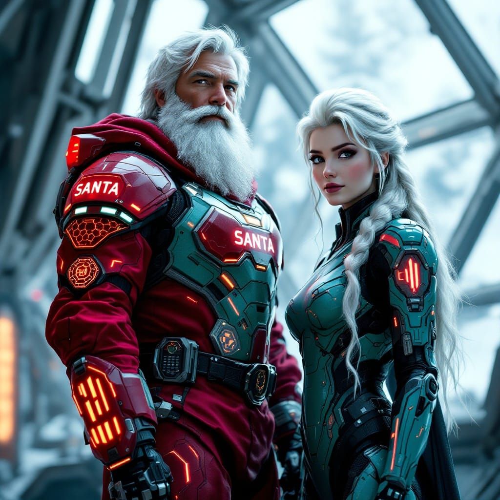 Cyberpunk Santa and Elsa: A Heroic Sci-Fi Portrait