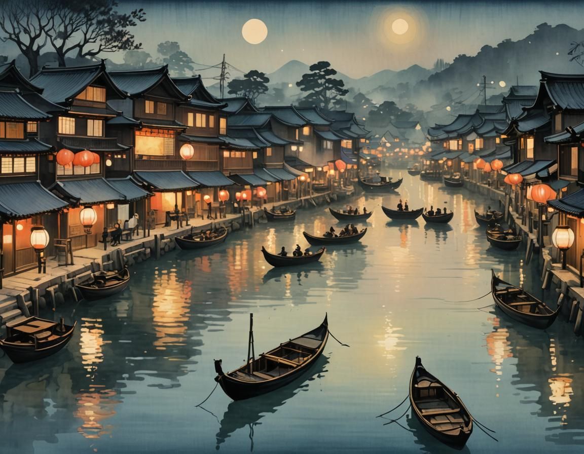 Riverside Lantern Festival in Impressionist Ukiyo-e Style