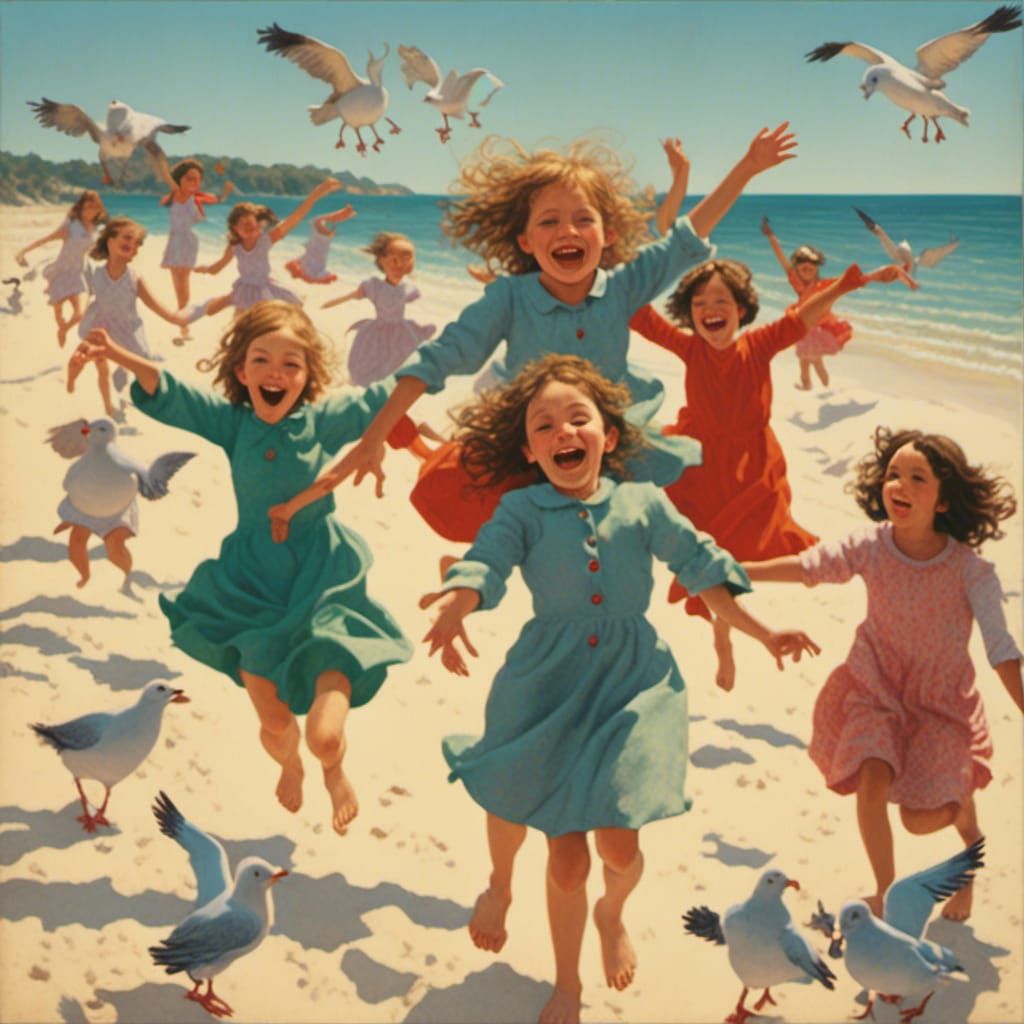 Laughing Girls on Sandy Beach with Seagulls