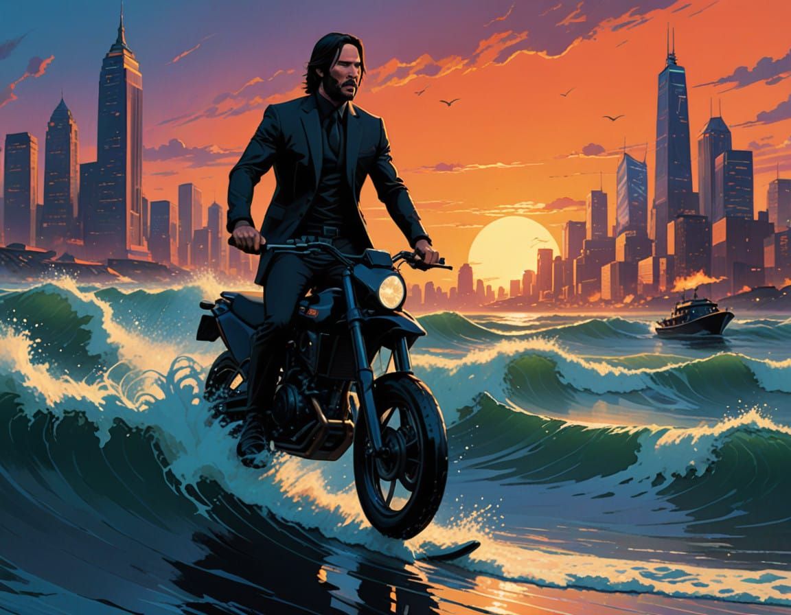 Sleek Figure Surfs Sunset Cityscape in High-Contrast Futuris...