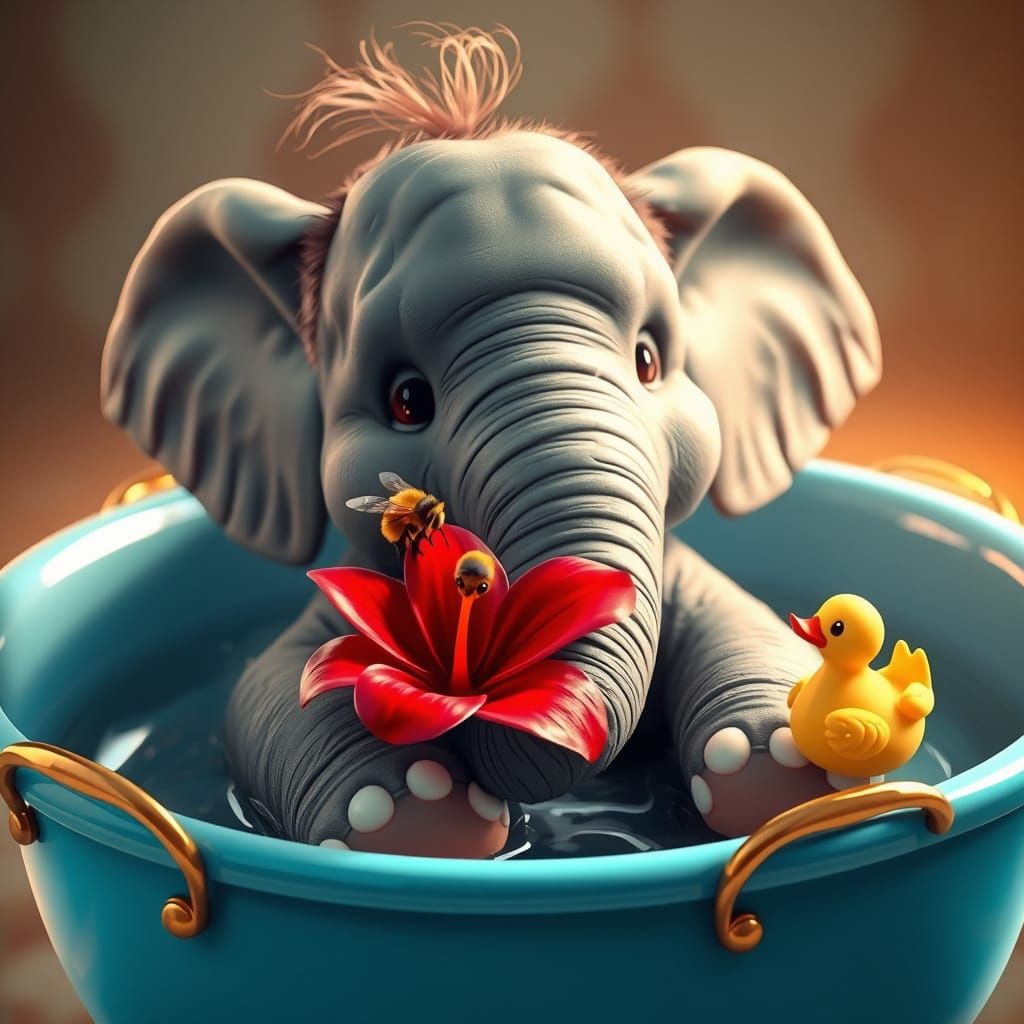 Elephant in Vibrant Blue Tub with Floral Delight and Rubber ...