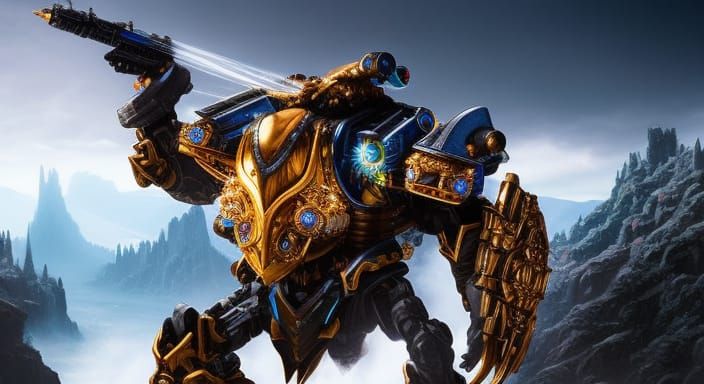 Blue Flamed Mech Robot in Fantasy Landscape