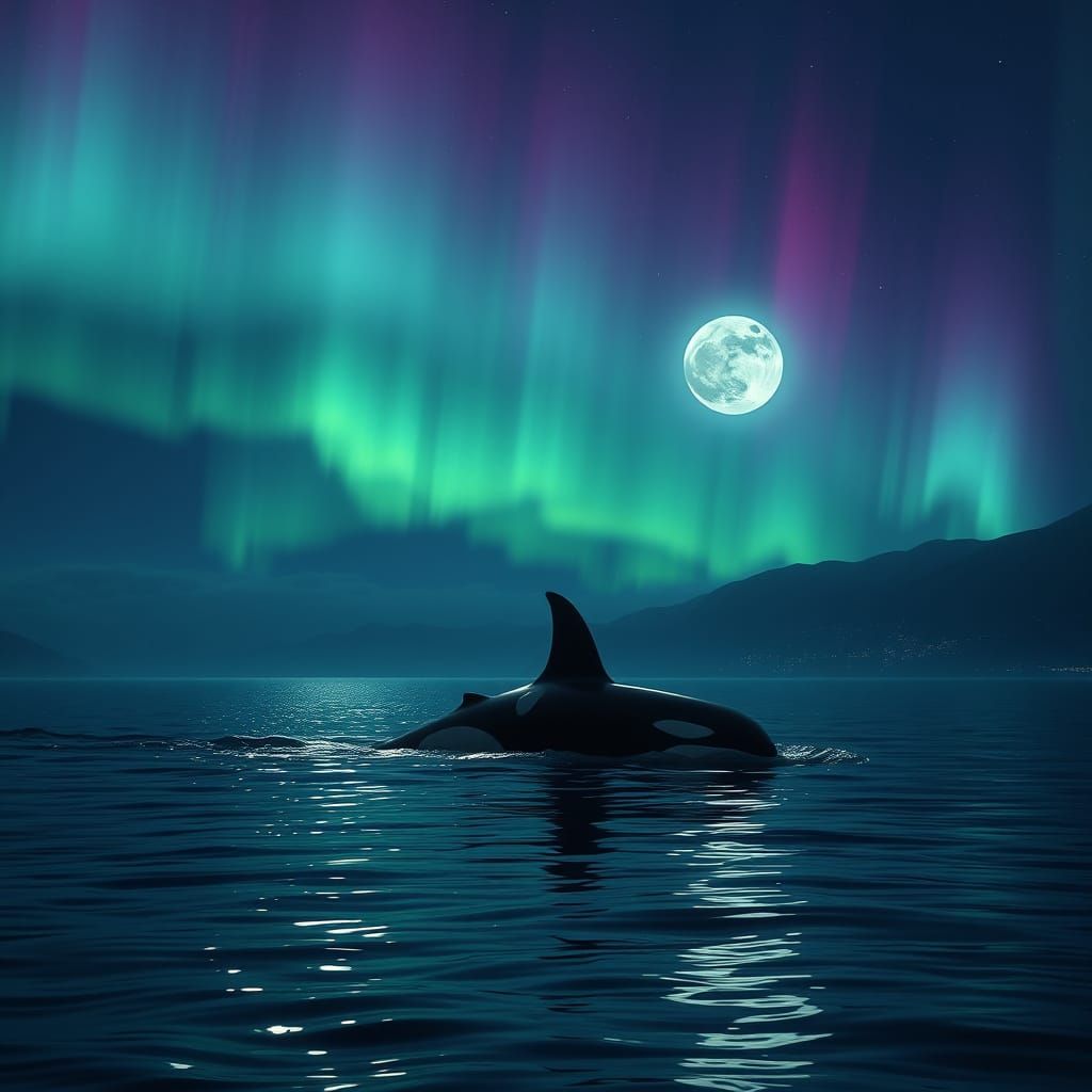 Orca Under Aurora Borealis and Full Moon Reflection