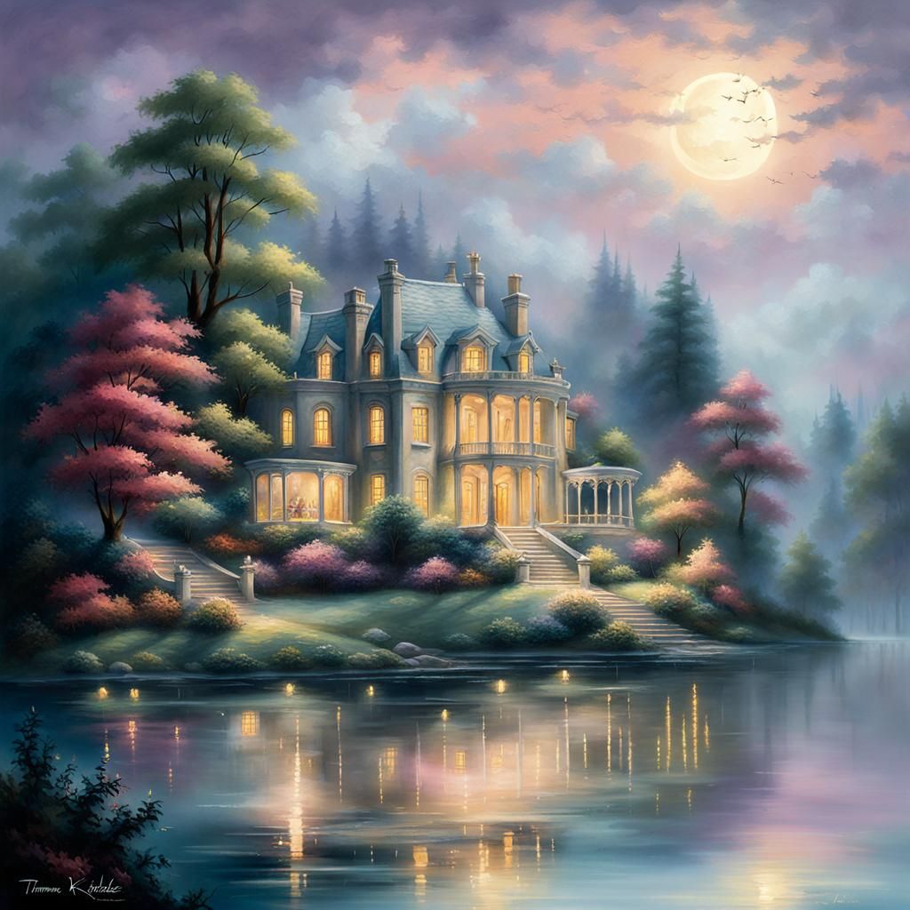Moonlit Mansion Overlooking Tranquil Lake in Fantasy Style