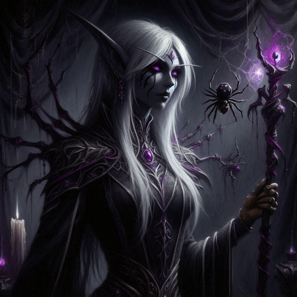 Bioluminescent Spiders Descending in Chiaroscuro Style