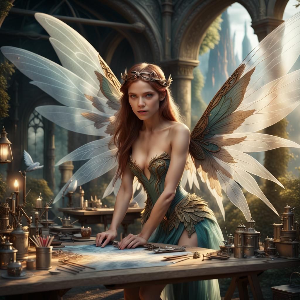Fairy with Wings Working at Outdoor Table