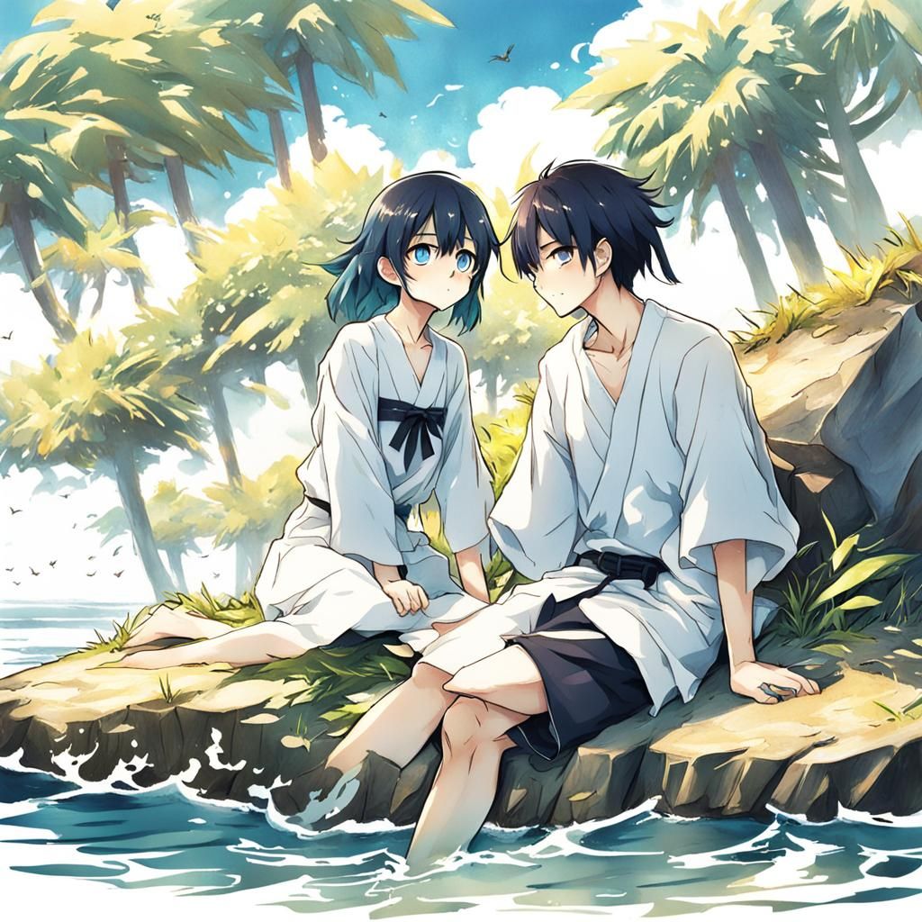 Children Stranded on Island: Anime Style Illustration