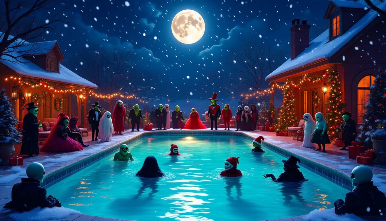 Monstrous Christmas Pool Party Under the Moon