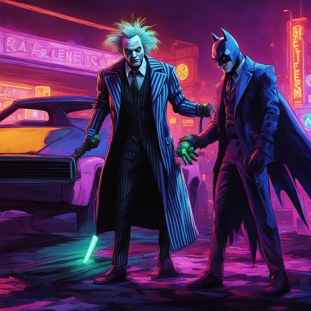 Beetlejuice Versus Batman in Cyberpunk Cityscape