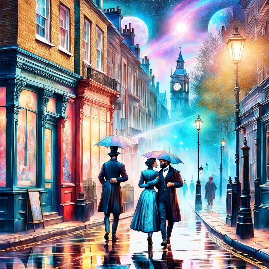 Misty 1880s London Street Scene in Mixed Media