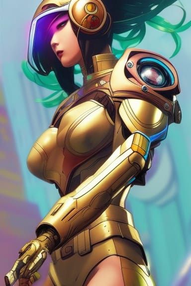 Anime Girl in Cyberpunk Armor Flying in Neon Sky