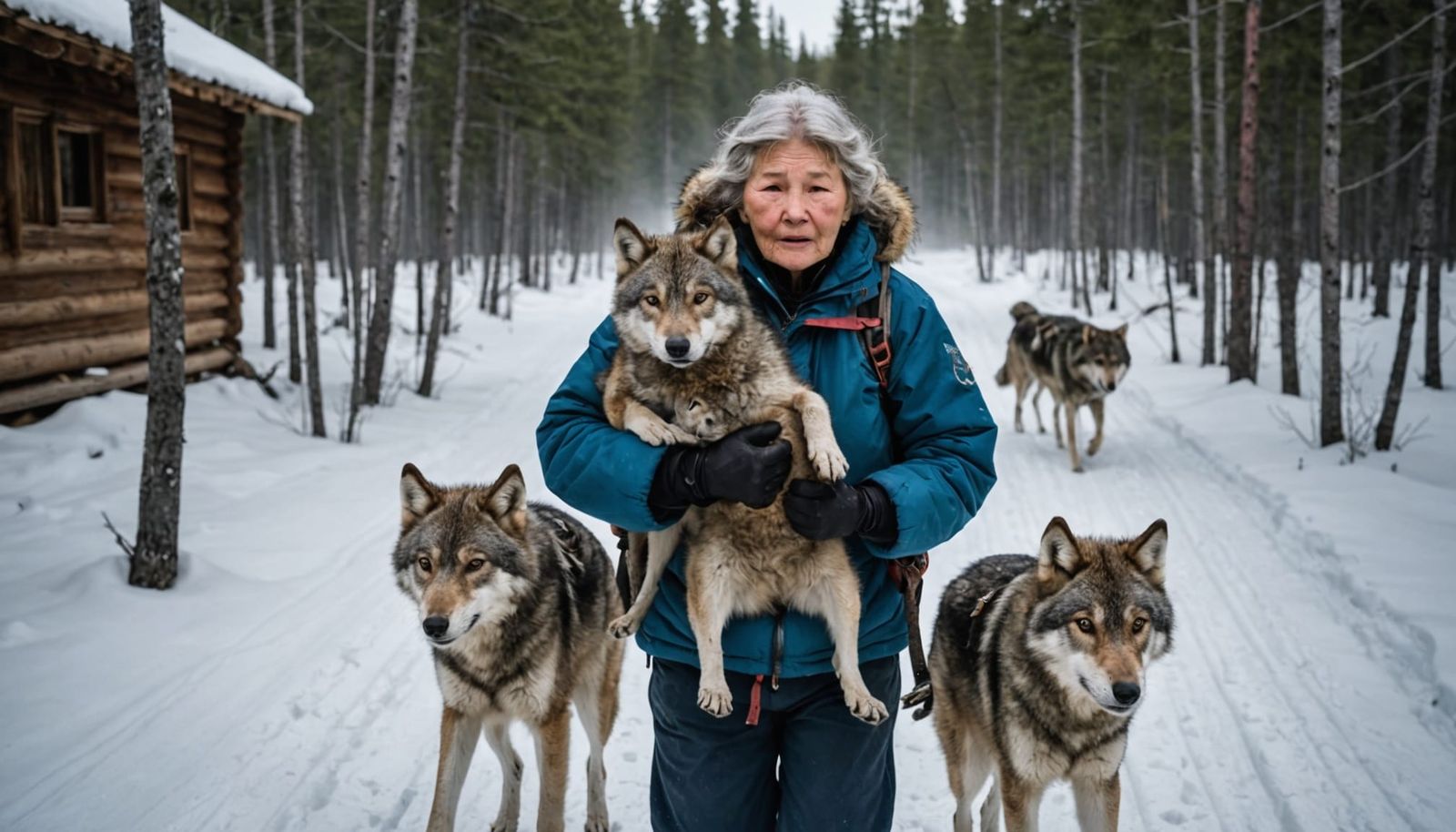 Elderly Woman Carries Wolf Through Taiga Blizzard