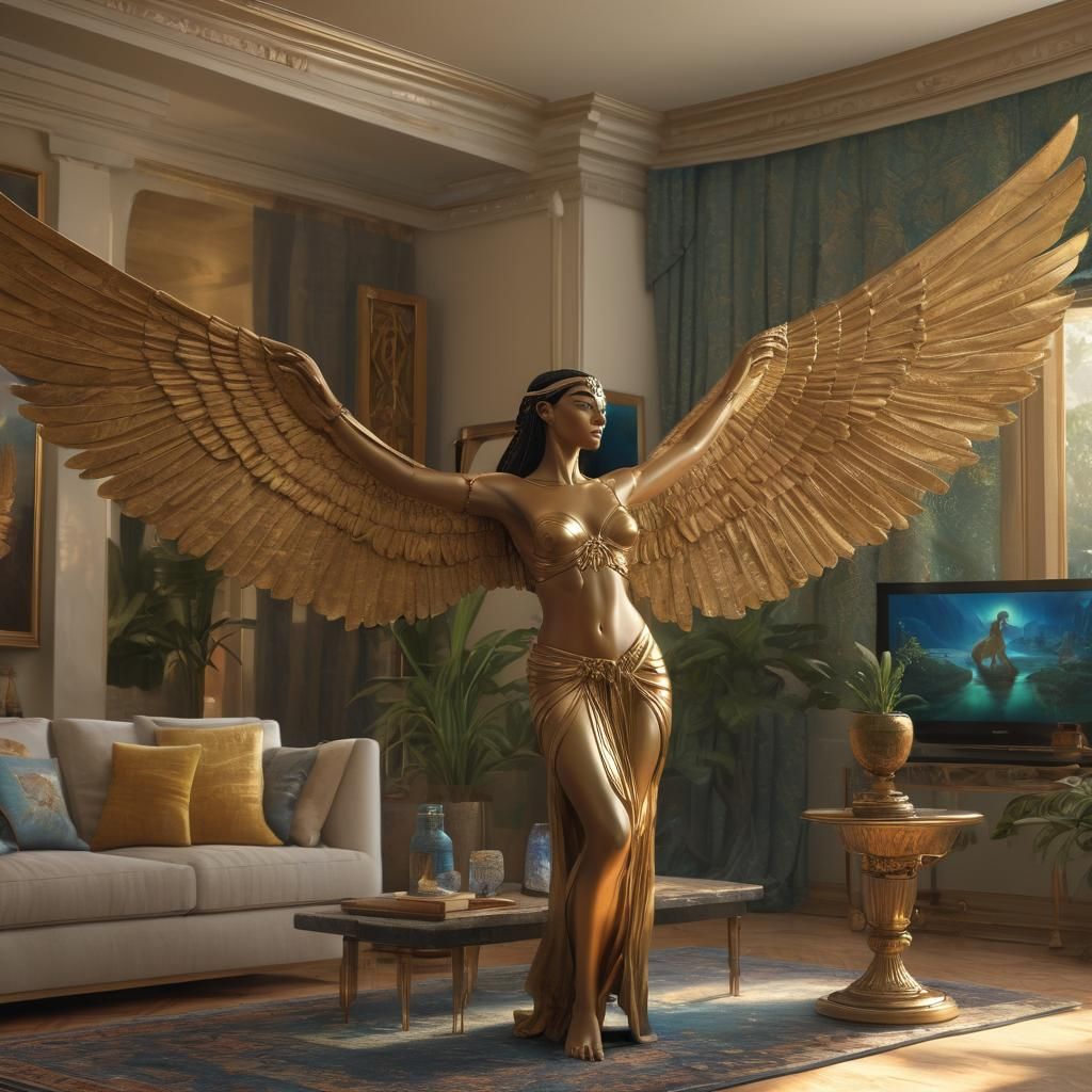 Luxury Living Room with Waterfall View and Egyptian Sculptur...