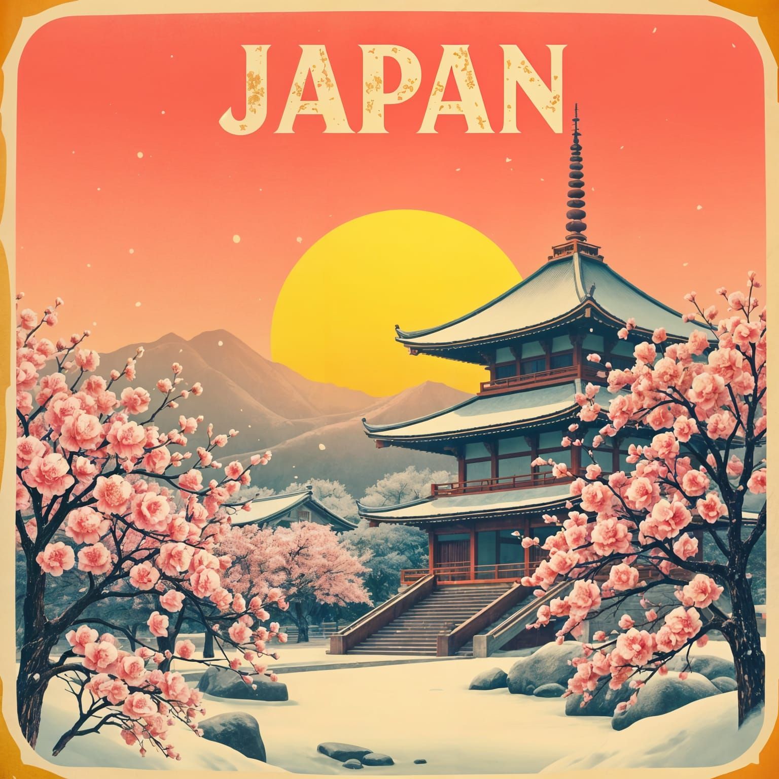 Vintage Travel Poster of Snowy Japanese Temple