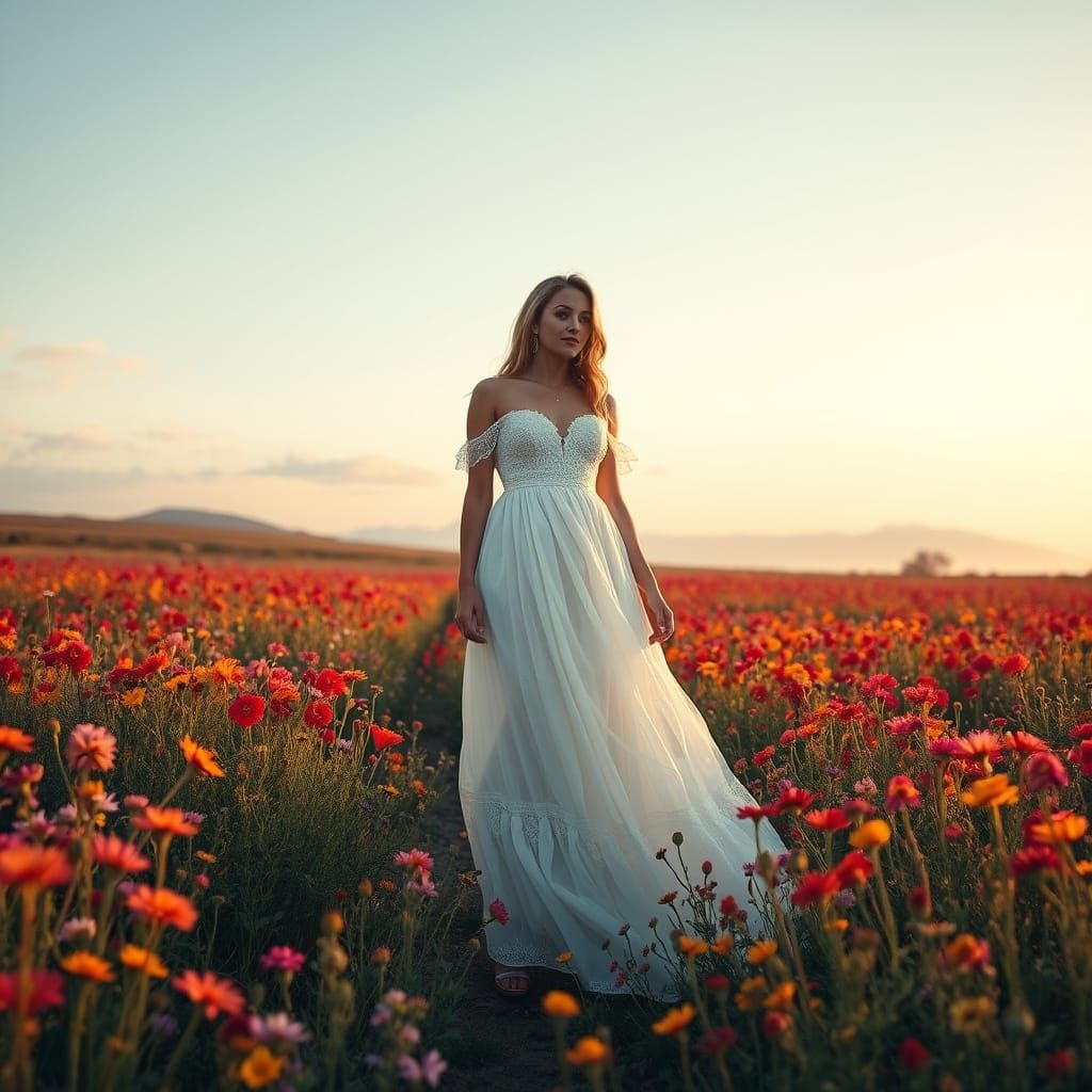 Woman in Wildflower Field: Digital Art