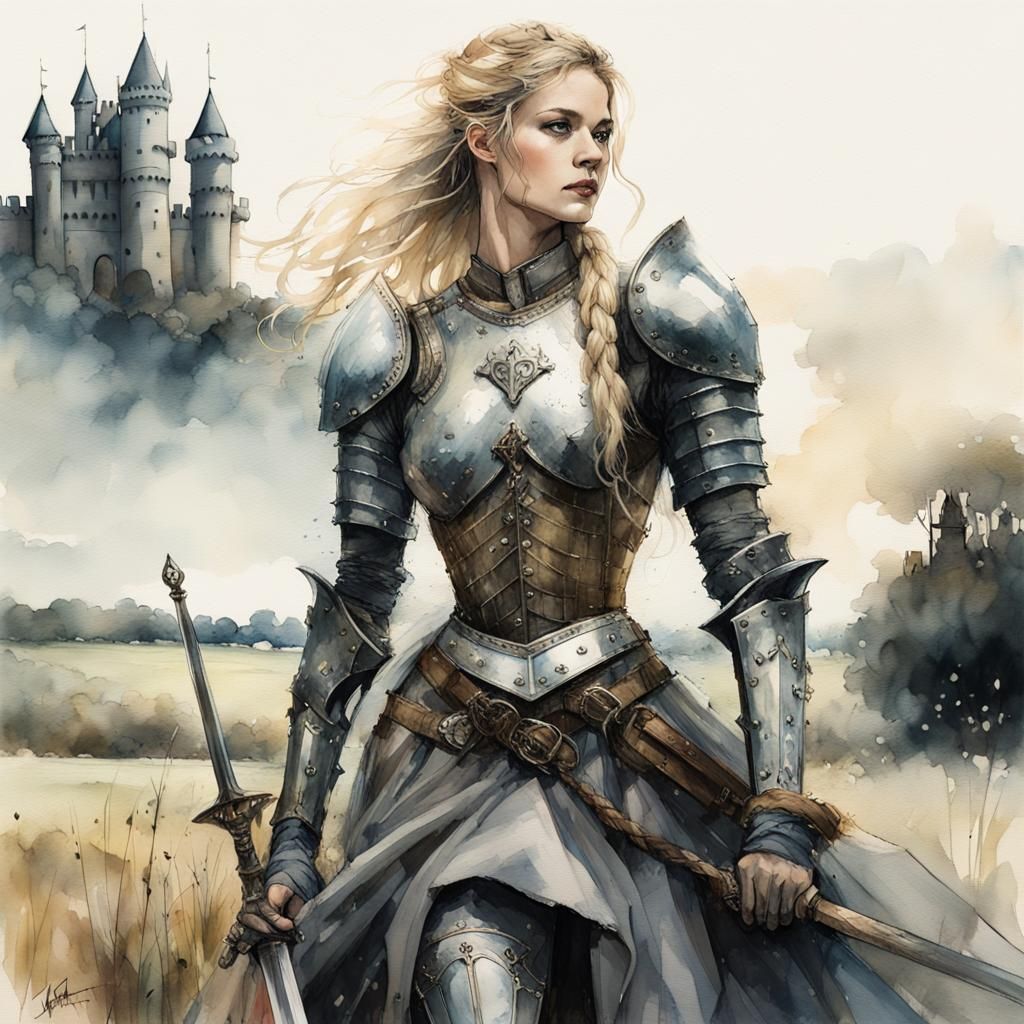 Goddess-Like Knight in Watercolor and Ink