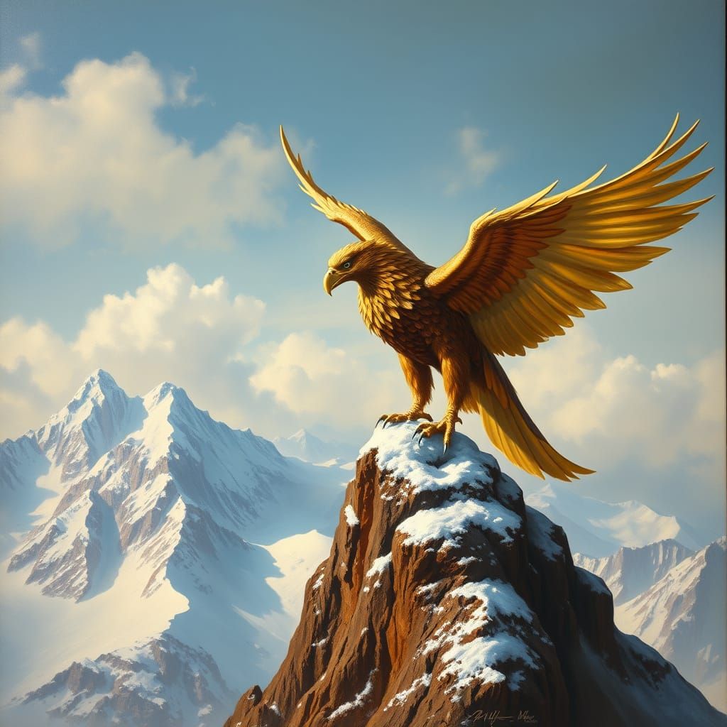 Golden Griffin on Snow Mountain, Classical Oil Painting