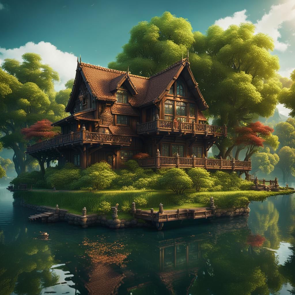 Lodge House on Lake: Detailed Matte Painting