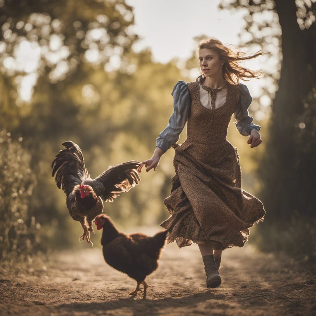 Woman Chasing Hen in Medieval Dress, Professional Photo