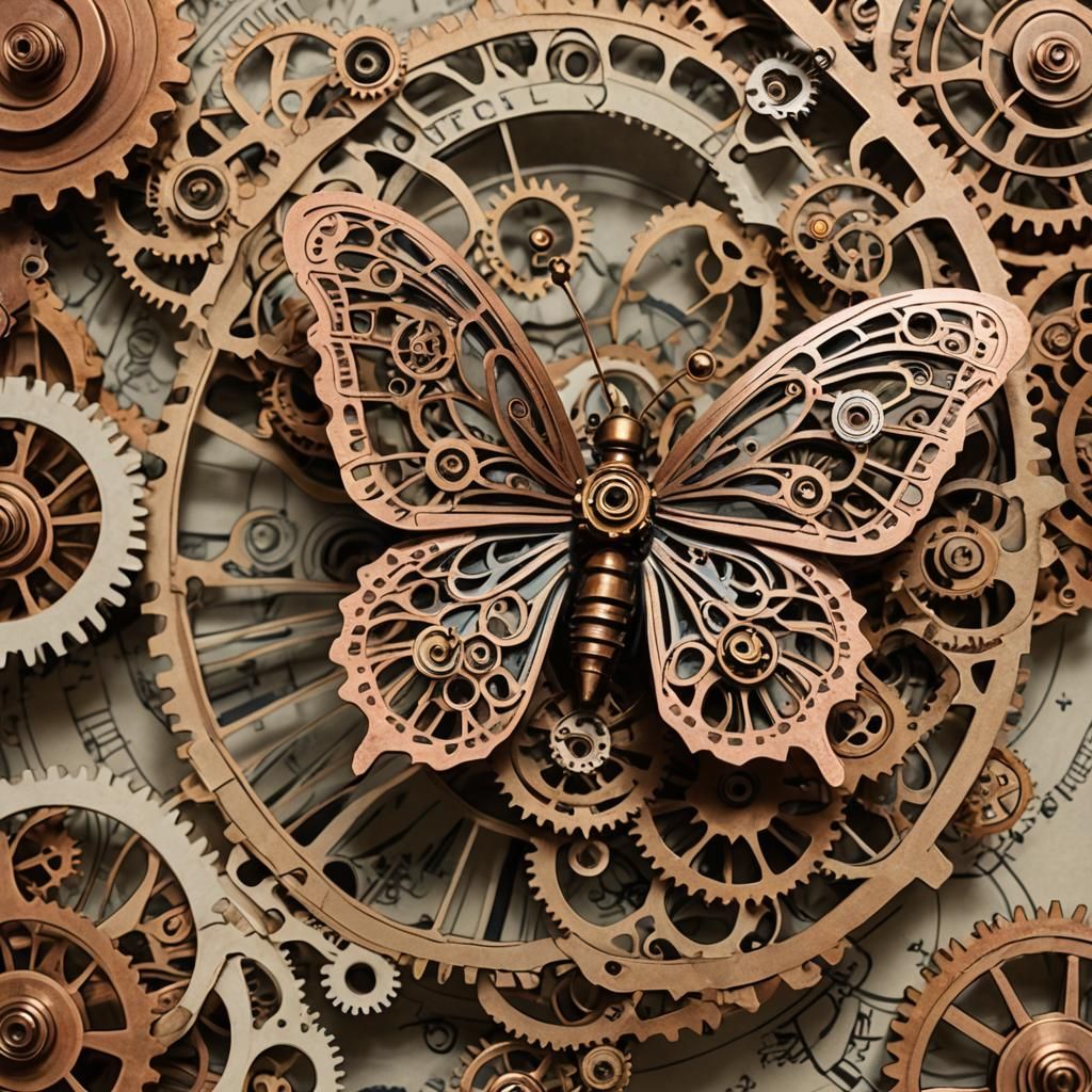 Steampunk Kirigami Butterfly on Clockwork Flower