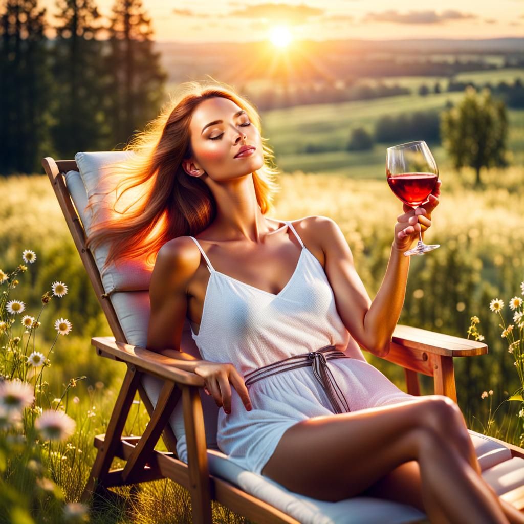Woman Relaxing at Sunset with Strawberry Wine