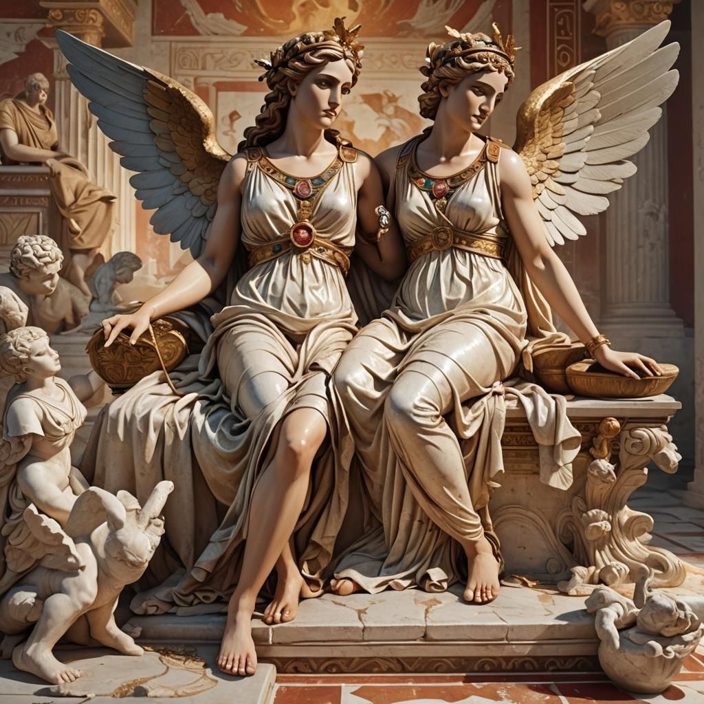 Greek Venus Strikes Cupid in Ancient Setting