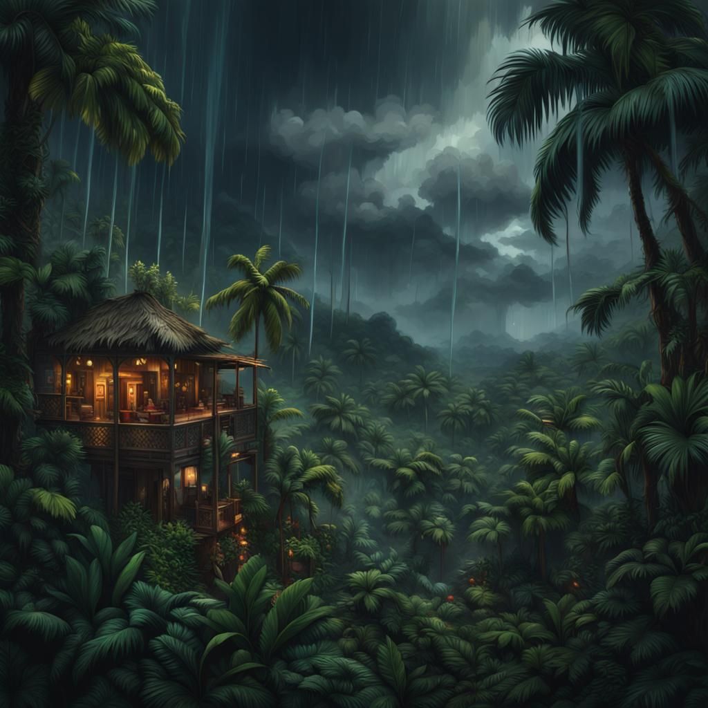 Stormy Night in a Detailed Tropical Jungle