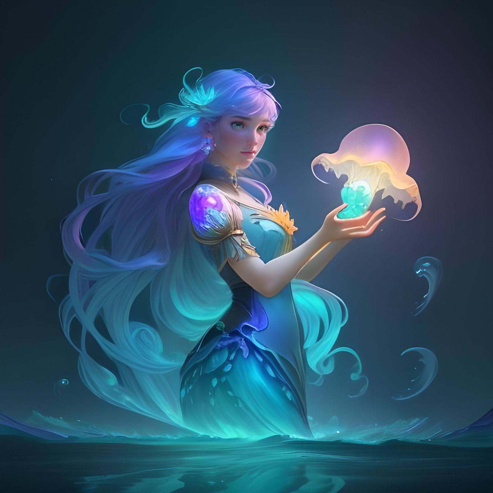 Luminous Mermaid Portrait in a Sea of Jellyfish