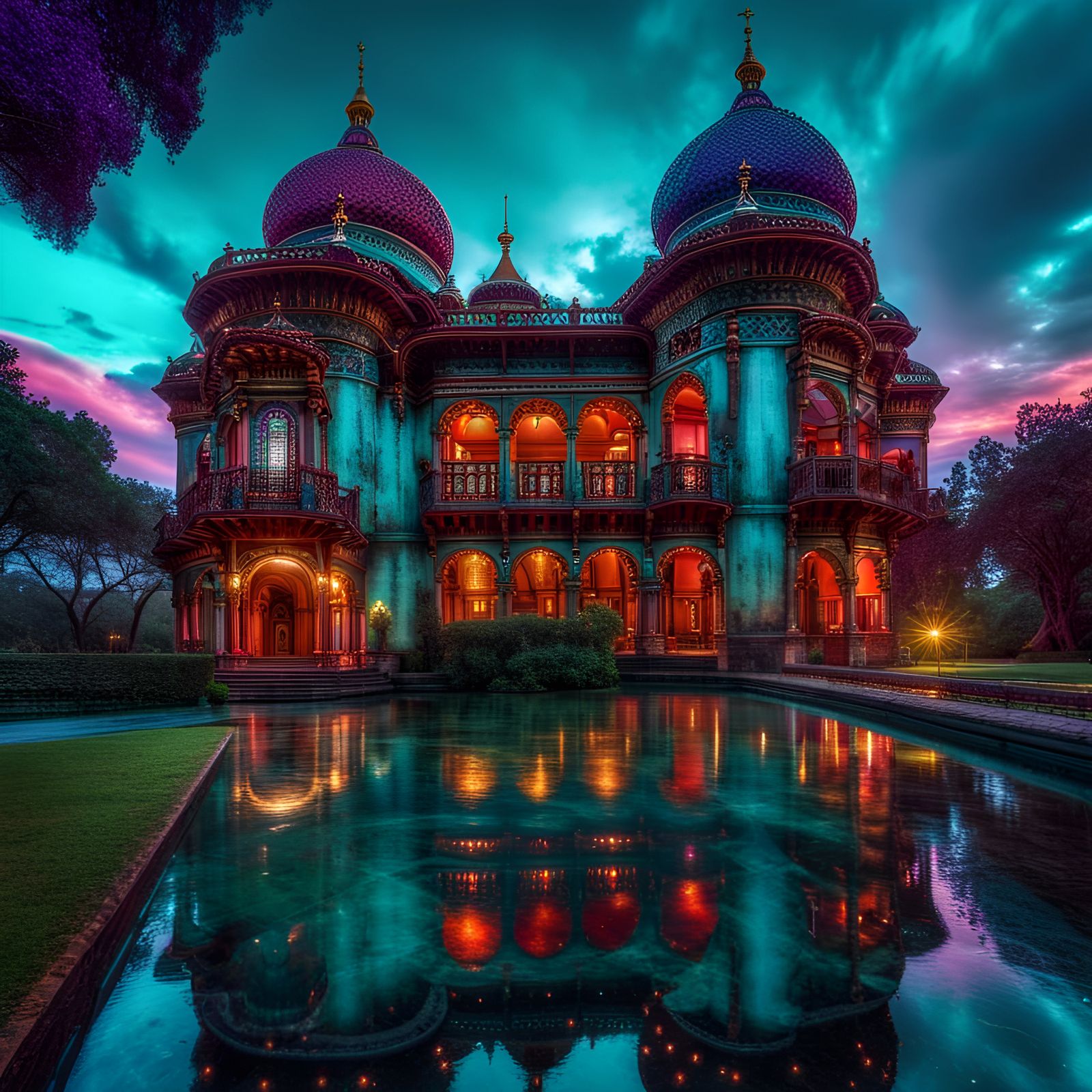 Majestic Jewel Palace at Sunset in Maximalist Style