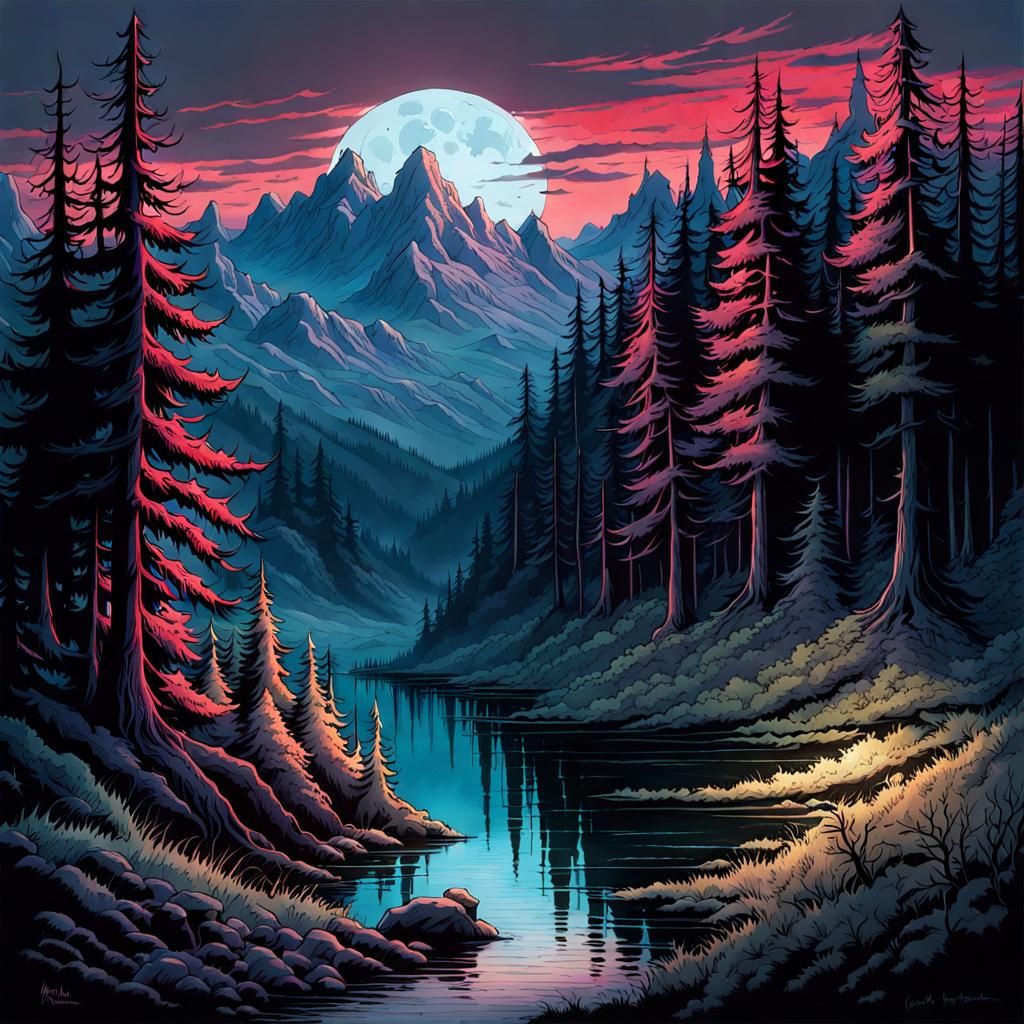 Eerie Gothic Countryside Under Moonlight in Watercolor