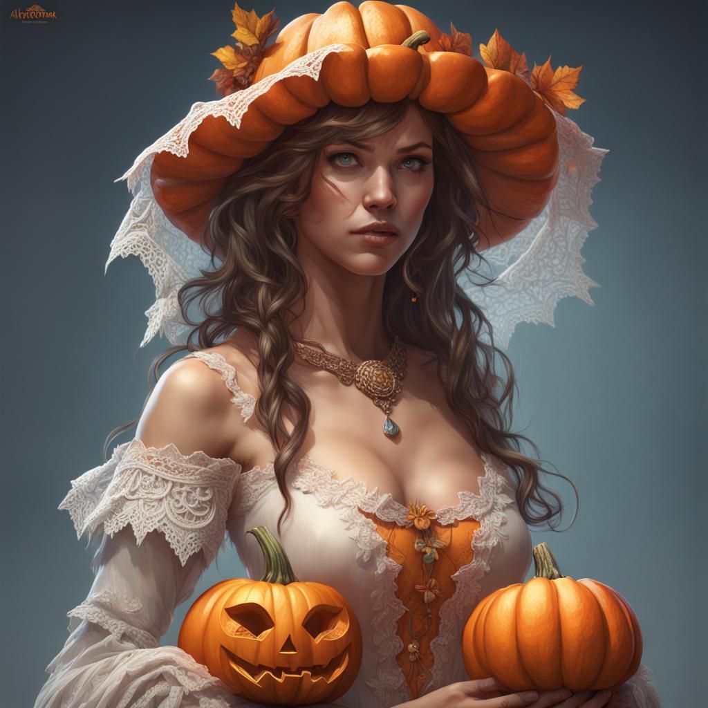 Lace Pumpkin Woman Portrait in Hyperdetailed Style