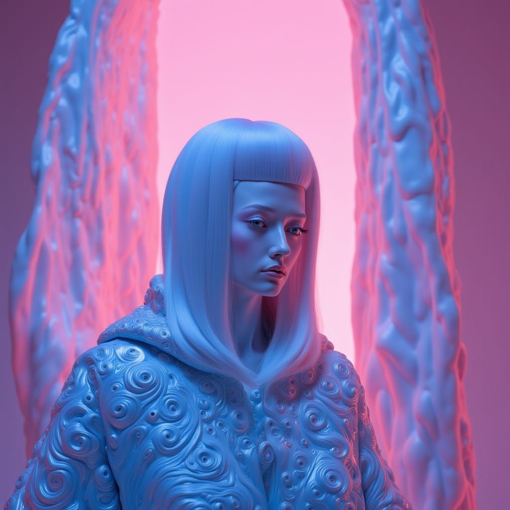 Iridescent Woman Emerging from Light Column