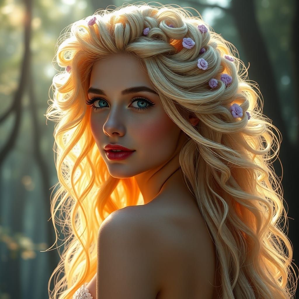 Mystical Woman with Fractal Hair in Digital Painting Style