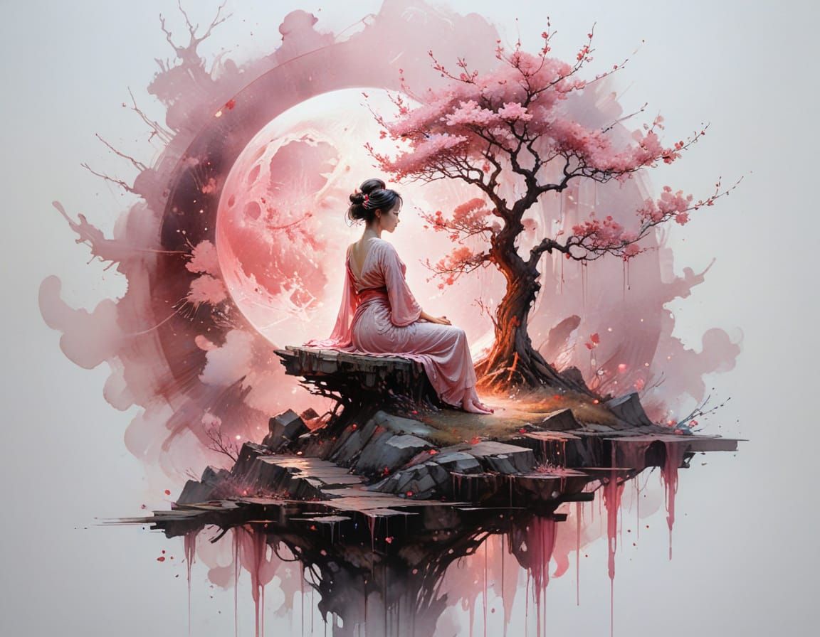 Surreal Moon Landscape with Meditating Geisha
